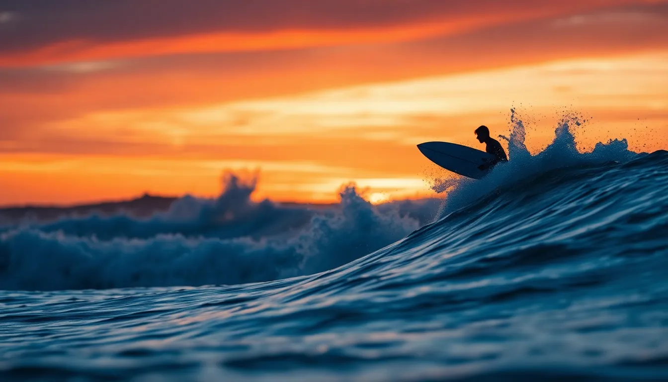 Surfer Silhouette Against Sunset Waves
