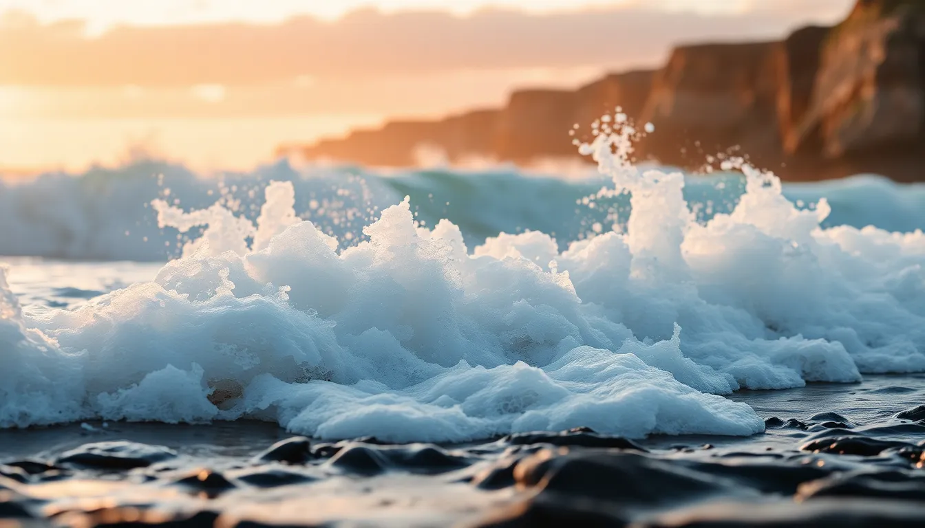 This breathtaking image showcases powerful ocean waves crashing against a rugged rocky shoreline during golden hour. The warm sunlight backlights the waves, creating a stunning rim light effect and illuminating the soft pastels of the sunset sky. The textures of the wet sand and foamy sea spray are vividly captured, enhancing the dynamic nature of the scene. The composition draws the eye through the waves, emphasizing their movement and energy.