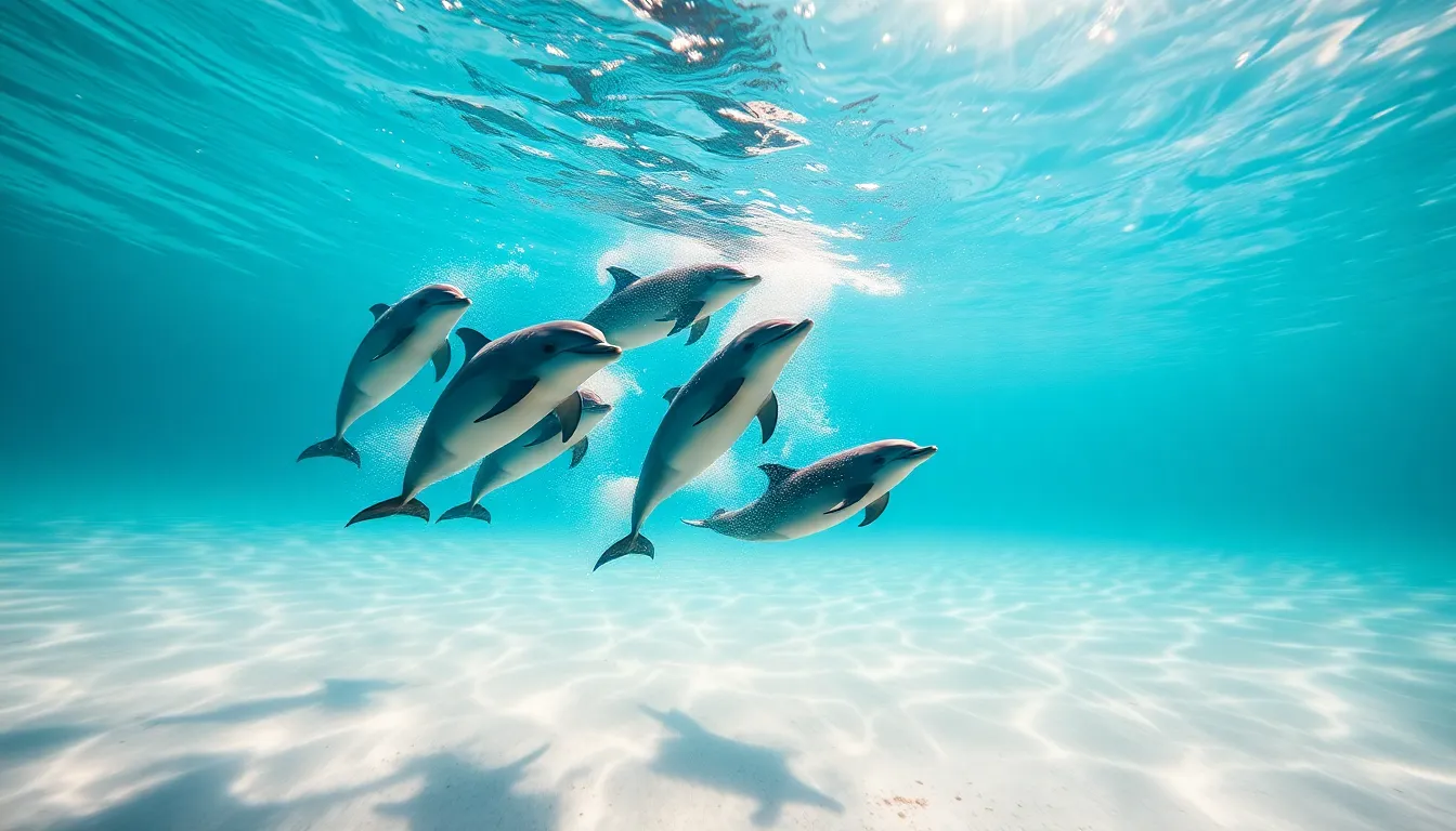 Dolphins Swimming in Crystal-Clear Waters
