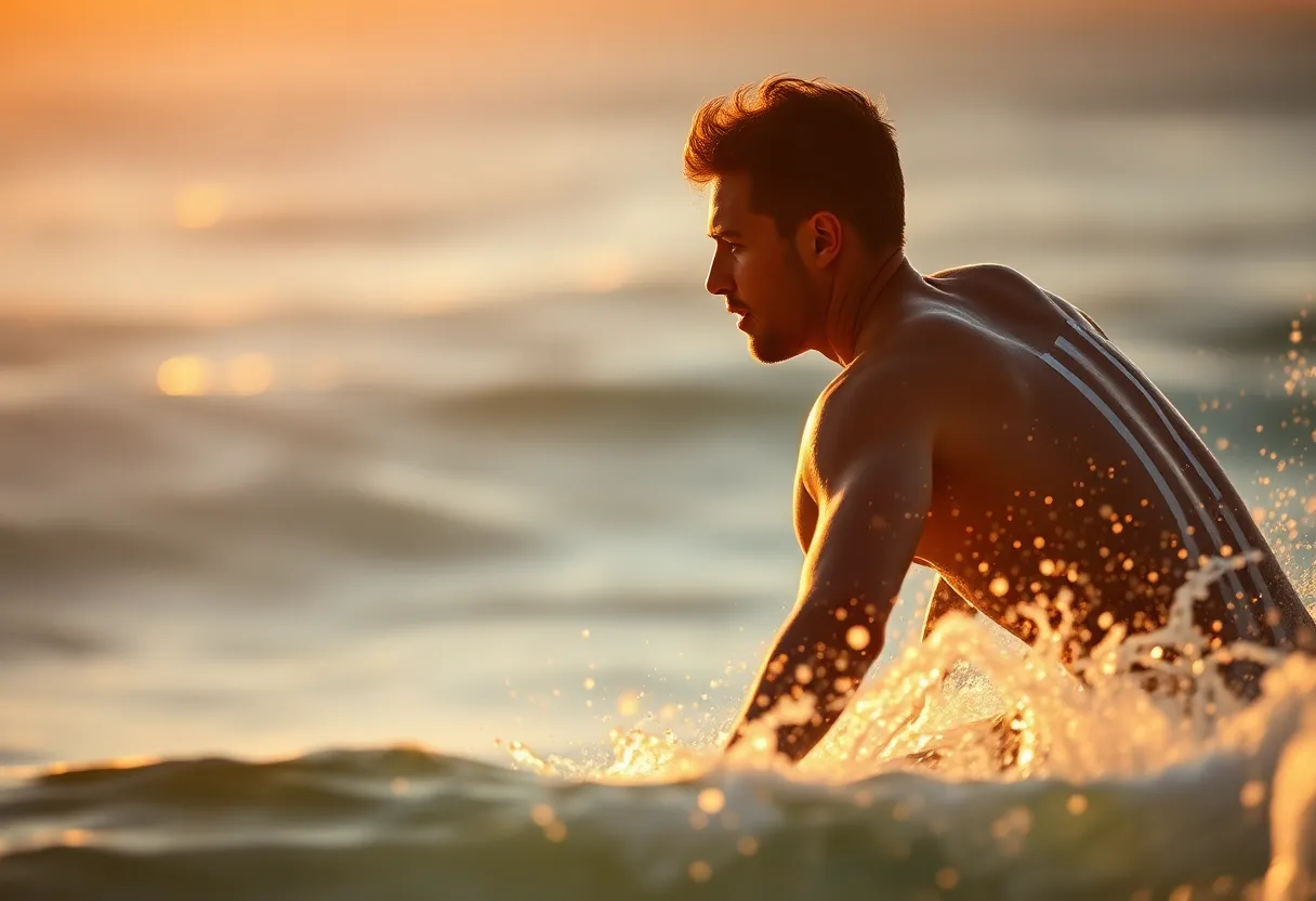 Surfer Riding a Wave at Sunset