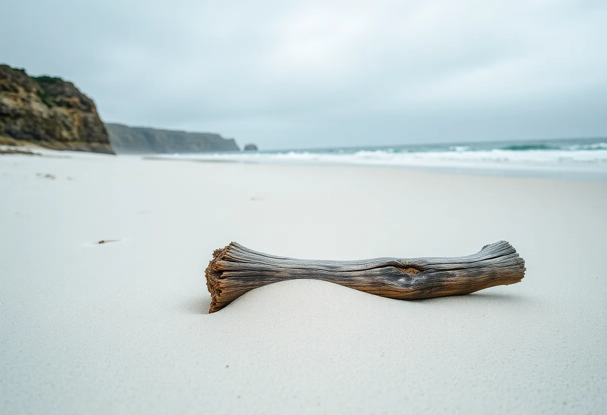 Secluded Beach with Driftwood This tranquil scene captures a secluded beach with pristine white sand and a solitary driftwood log. The overcast sky diffuses natural daylight, creating soft illumination and enhancing the desaturated earth tones of the environment. The composition is centered on the driftwood, which adds an element of interest against the distant cliffs and gentle ocean waves, inviting viewers to experience a moment of peaceful solitude.