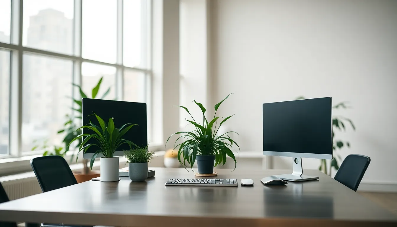 This image showcases a modern office space bathed in soft, natural light from large windows. The sleek design features a polished stainless steel desk adorned with plants, creating a harmonious balance of work and nature. Soft, muted colors enhance the calming atmosphere, inviting productivity and creativity. The composition uses leading lines to emphasize the desk, making it the focal point of this inviting workspace.