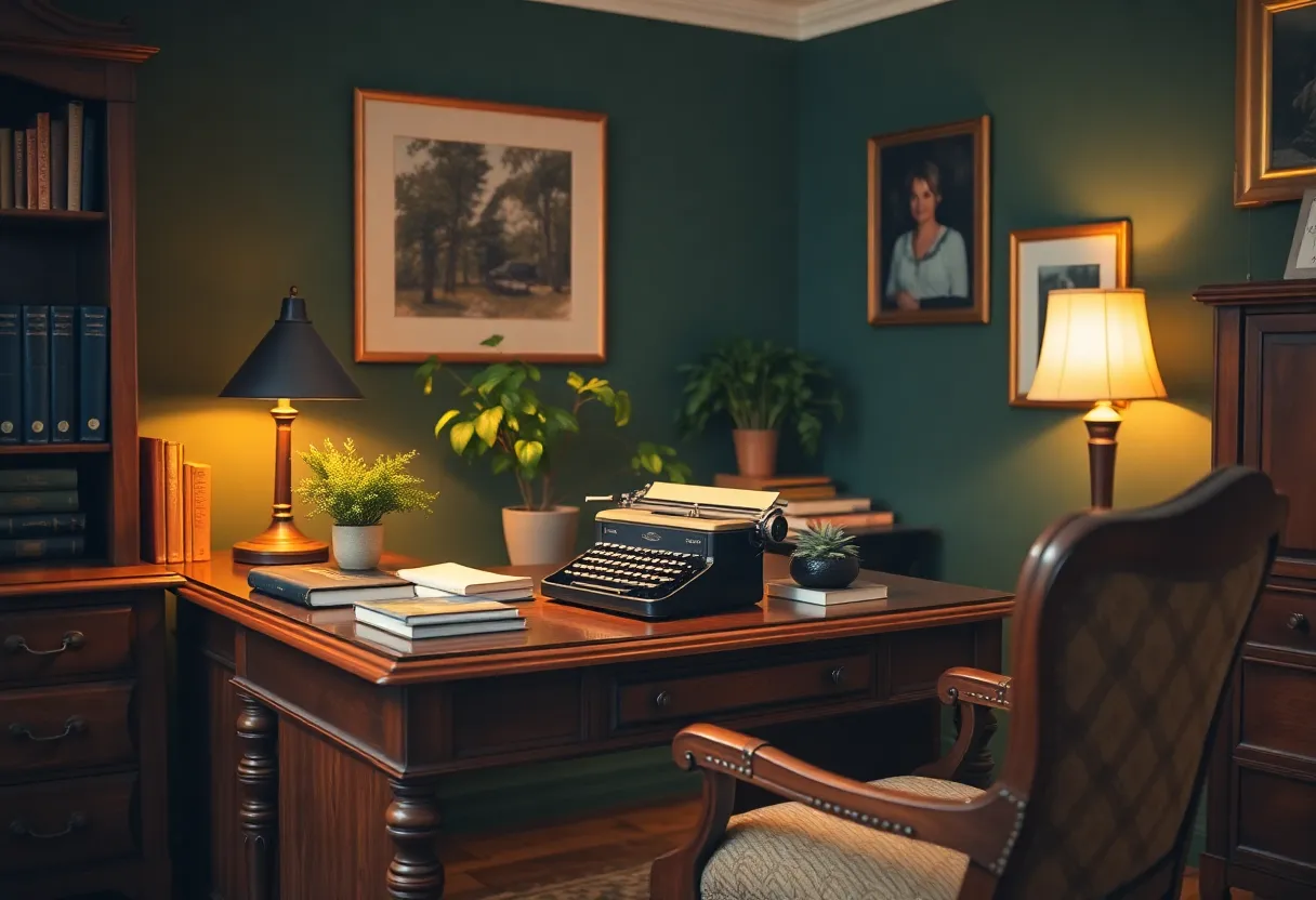 This inviting office corner combines sophistication and comfort, featuring rich wooden furniture and deep green walls. A stylish desk lamp casts warm tungsten light, enhancing the cozy atmosphere. The arranged desk with a vintage typewriter and plants creates a charming workspace feel. Rich textures, from the wood grain to the fabric of the chair, draw the viewer into this elegant setting, perfect for branding or editorial uses.