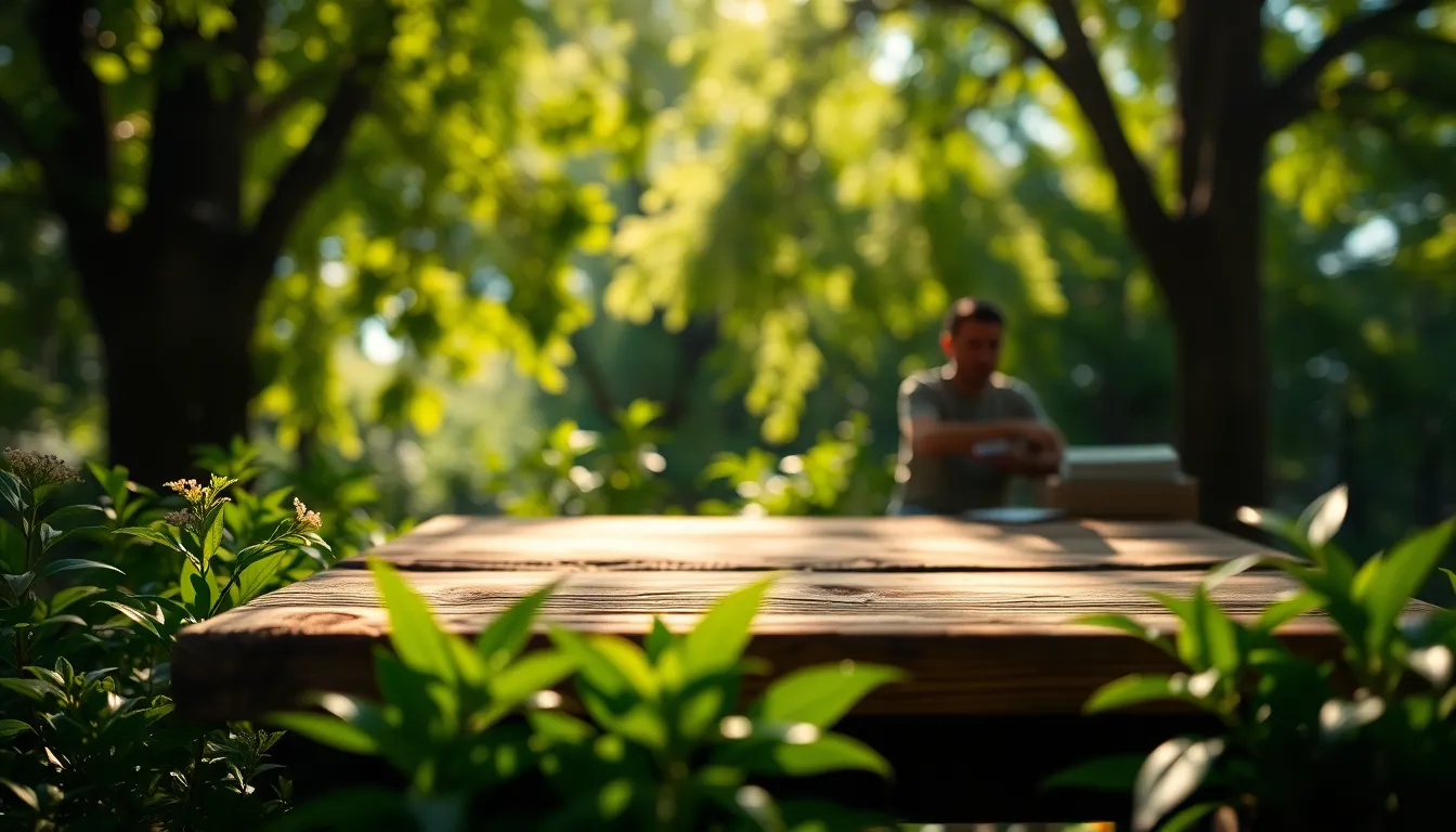 This captivating image features a rustic outdoor office setup, harmoniously integrated into a natural setting. A weathered wooden desk surrounded by lush greenery evokes a sense of tranquility and focus. The interplay of dappled sunlight creates ethereal bokeh highlights, while the vibrant color palette enhances the organic feel. This workspace is perfect for those seeking inspiration from nature.