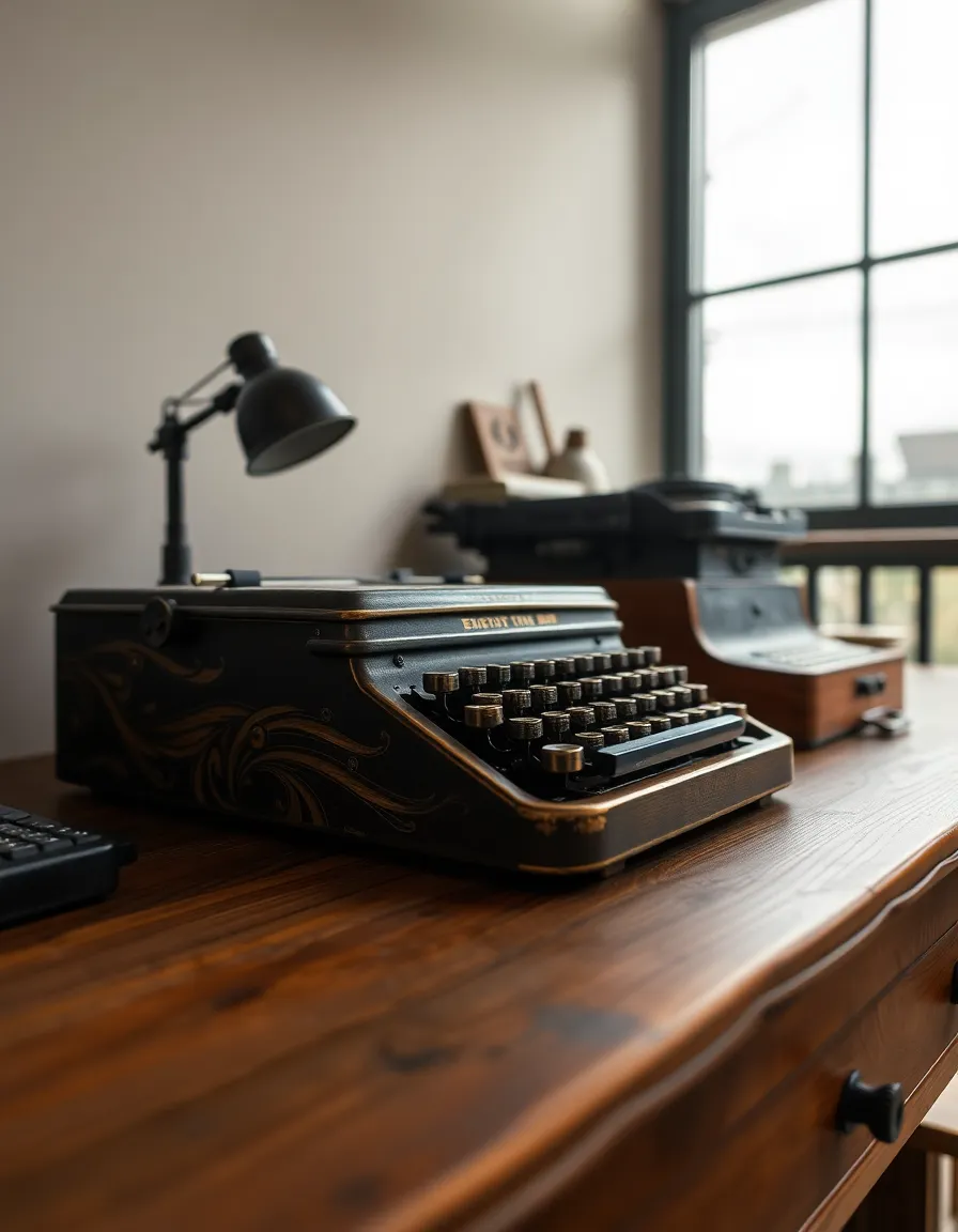 This image illustrates a vintage office setup featuring an ornate desk and a classic typewriter, all illuminated by soft, natural light on an overcast day. The hyperfocal clarity ensures that even the subtle textures of the wood grain and the typewriter's details are vividly captured. The composition draws the viewer into this nostalgic workspace, where rich colors and muted tones create an air of timeless charm and creativity.
