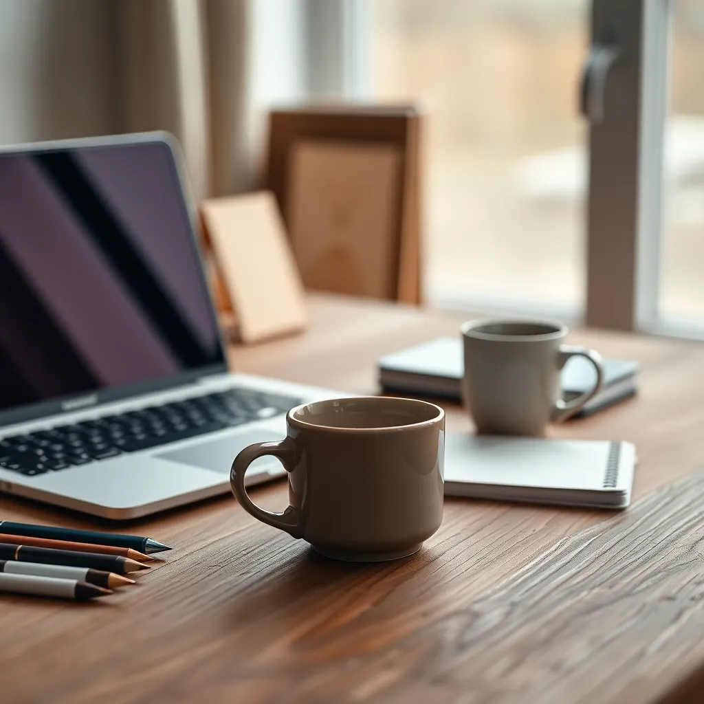 Artistic Workspace with High-End Details This macro-focused image captures the beauty of a meticulously arranged workspace, featuring a high-end laptop alongside designer stationery and a decorative ceramic mug. Overcast daylight gently illuminates the scene, enhancing the natural textures of the wooden desk and materials. Its muted color palette conveys a creative and calm atmosphere, while the composition centers on the laptop and stationery, inviting viewers to appreciate the careful details of this stylish workspace.