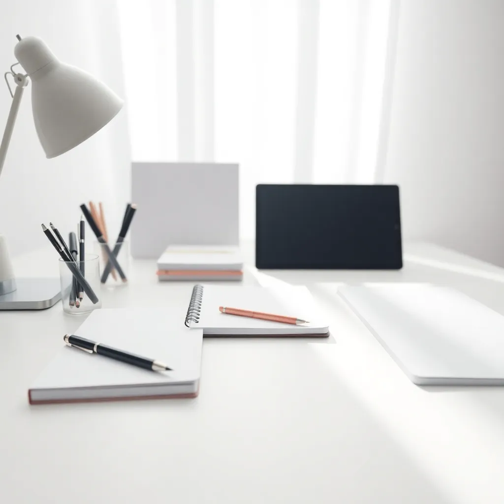 A pristine minimalist office desk setup featuring a harmonious arrangement of modern office supplies. Soft daylight fills the scene, creating an inviting and tranquil atmosphere ideal for productivity. The sleek design of the desk is enhanced by a shallow depth of field, bringing focus to the stationary and digital tablet while softening the background. This image captures the essence of a tidy and inspiring workspace, perfect for showcasing modern office environments.