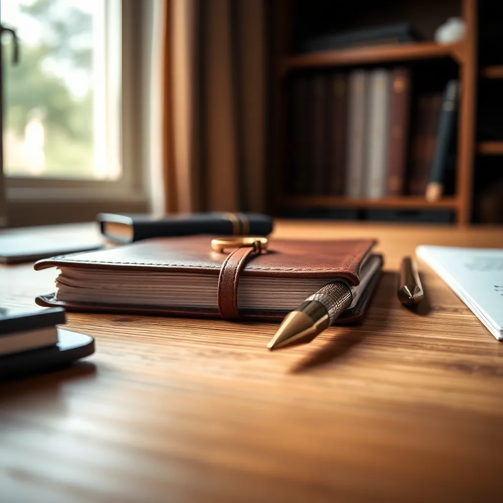 This close-up image captures the elegance of a carefully arranged office desk. Soft natural light enhances the textures of the wooden surface and metallic accessories in warm earth tones. A leather-bound notebook and brass pen are the focal points, highlighting the refined aesthetics of a professional workspace. The shallow depth of field and centered composition draw attention to the beauty of these office essentials, making it ideal for lifestyle and branding use.