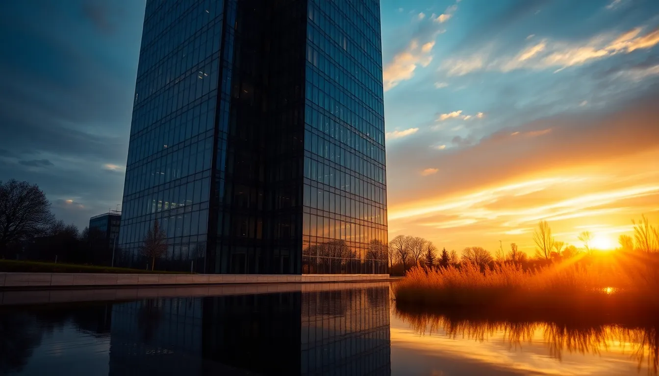 This stunning architectural photograph features a modern glass office building illuminated by the golden hues of sunset. The structure’s reflection in the calm water creates a captivating symmetry, while the warm colors of amber and blue fill the sky. A low perspective emphasizes the impressive height of the building, highlighting its sleek design and the intricate glass and steel details. This image is perfect for real estate or architectural portfolios.