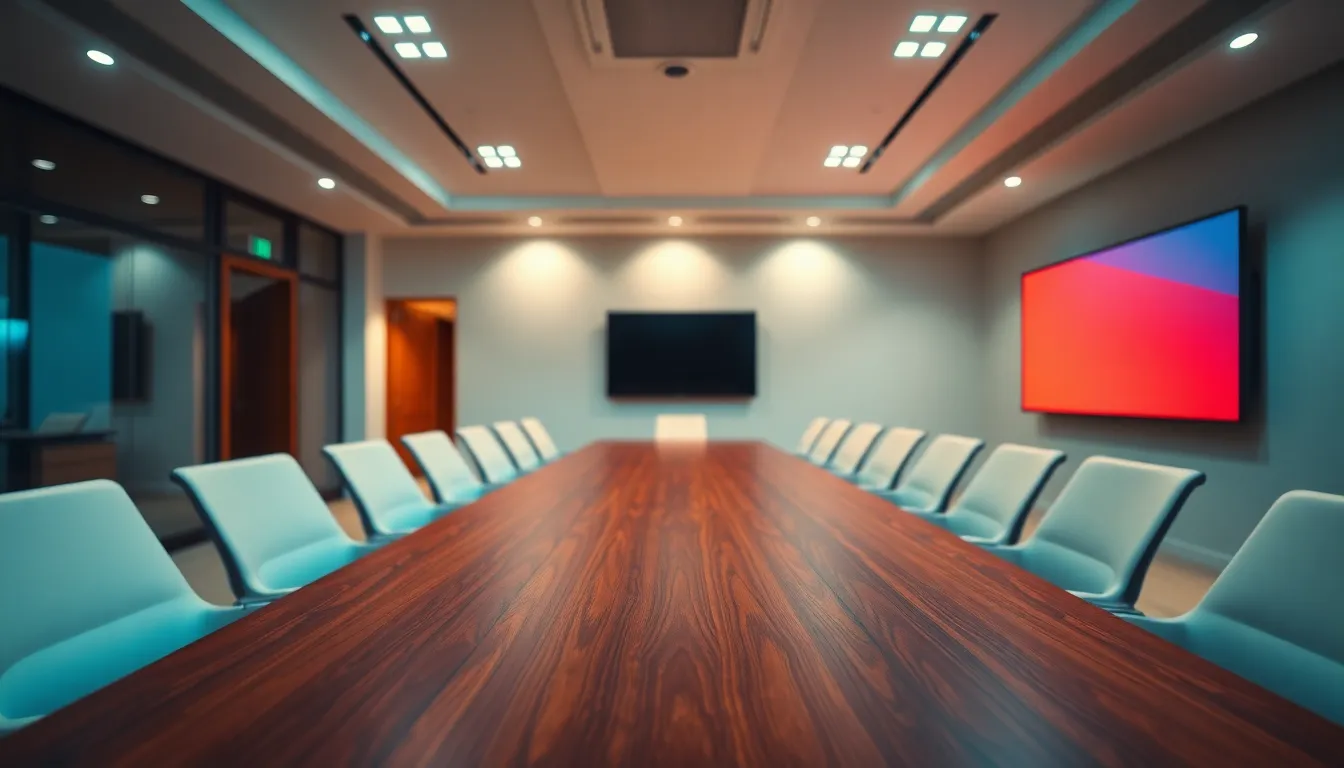 This elegant conference room image features a polished wooden table set for a meeting, illuminated by warm overhead spotlights. The cinematic color grading adds a modern touch, with teal and orange tones that enhance the sleek decor. The composition skillfully positions the large screen display, creating visual interest and balance. The shallow depth of field draws focus to the table's texture, inviting viewers into this sophisticated workspace.