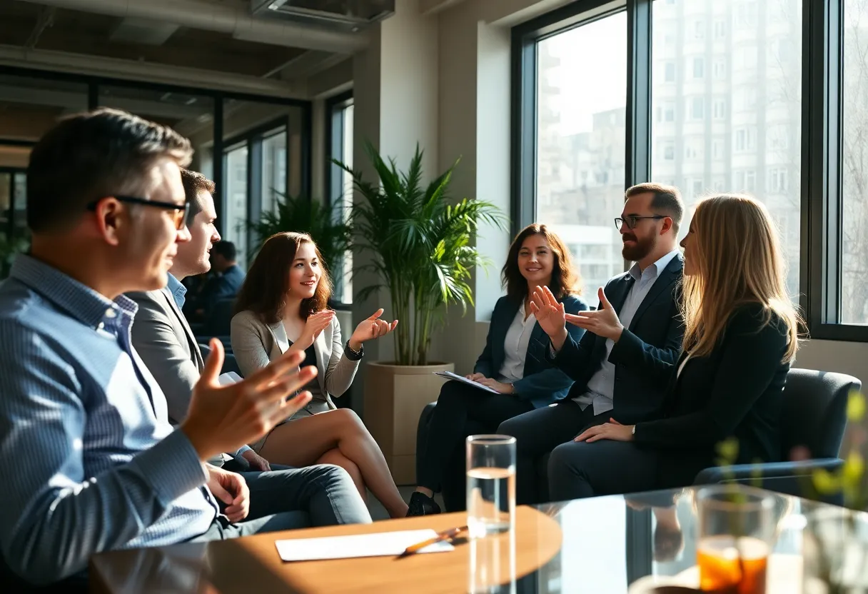 This image features a dynamic team meeting within a bright office setting, where dappled sunlight creates an energetic atmosphere. A group of professionals, immersed in discussion, displays animated gestures and expressions. The selective focus highlights the participants while the vibrant decor adds energy to the muted color palette. The angled composition captures the movement and engagement, showcasing the collaborative spirit of the workspace.