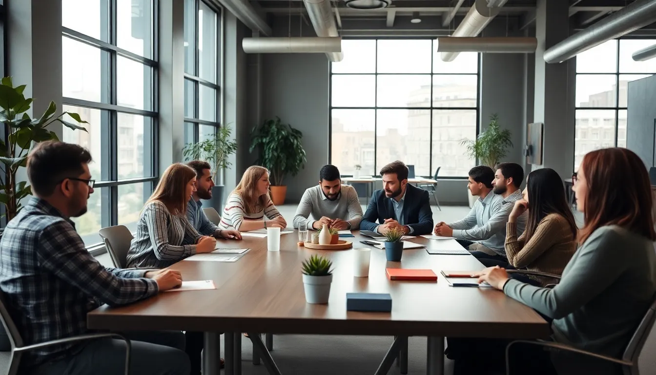 This image captures the vibrant energy of an open-plan office where teamwork thrives. Employees are engaged at a long conference table, collaborating in a bright, overcast environment. The muted color scheme is invigorated by colorful stationery and greenery. A shallow depth of field accentuates the focus on the team while the background blurs softly, creating a lively yet professional atmosphere suitable for corporate marketing materials.