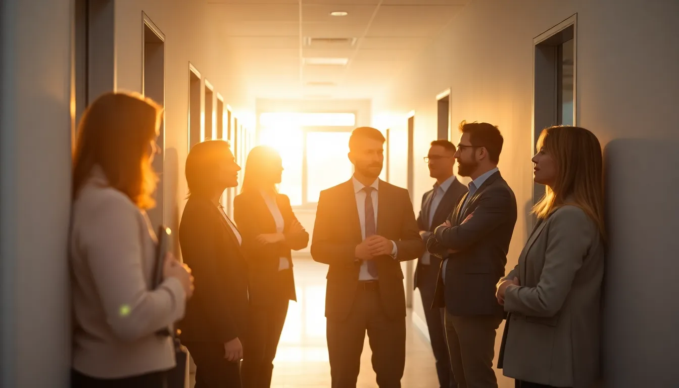 A dynamic scene capturing a diverse group of professionals engaged in conversation within a bright office corridor during golden hour. Backlighting creates a warm glow around the participants, enhancing the collaborative spirit of the moment. The arrangement of the corridor and natural light contribute to a vibrant atmosphere, while the soft color palette adds elegance. This image captures the essence of teamwork and professionalism in a modern office setting.