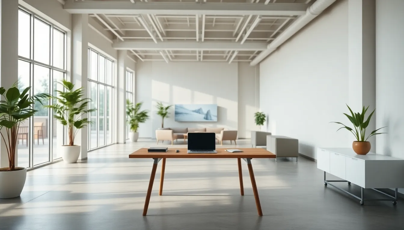 This image features a contemporary office space designed with minimalism in mind. Natural light floods the room through large windows, illuminating sleek furniture and decorative plants. The soft white and earthy tones create a serene work atmosphere, while the wooden desk, adorned with a laptop and stationery, draws focus. The polished concrete floor adds texture, making this setting ideal for modern real estate or lifestyle branding.