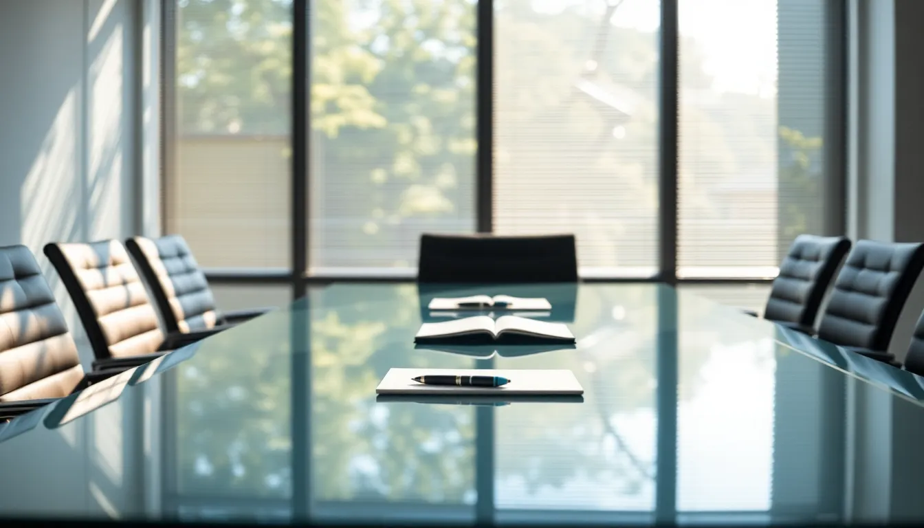 This image portrays a bright conference room, featuring a polished glass table set for a meeting. Dappled sunlight filtering through the blinds creates interesting light patterns across the surface, enhancing the professional atmosphere. The arrangement of notebooks and pens on the table emphasizes readiness for collaboration. The fresh color palette and thoughtful composition make this an appealing visual for business environments.