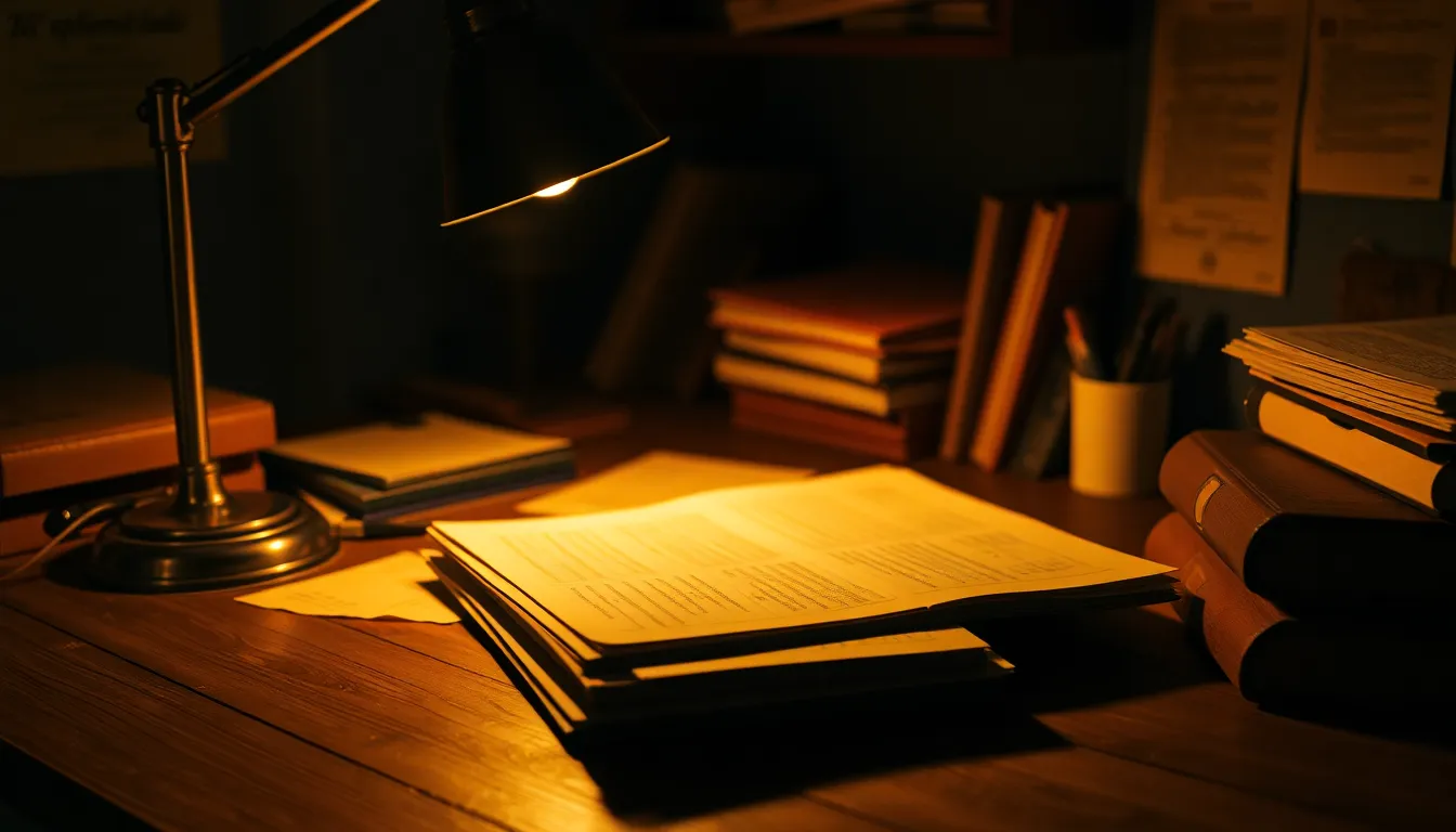 This intimate scene portrays a cozy home office desk, warmly lit by a tungsten lamp. Neatly organized papers and stationery are artfully arranged on a rich wooden surface, creating an inviting workspace. The sharp focus captures the intricate details of the textures, while the warm lighting enhances the calming ambiance, encouraging creativity and focus.