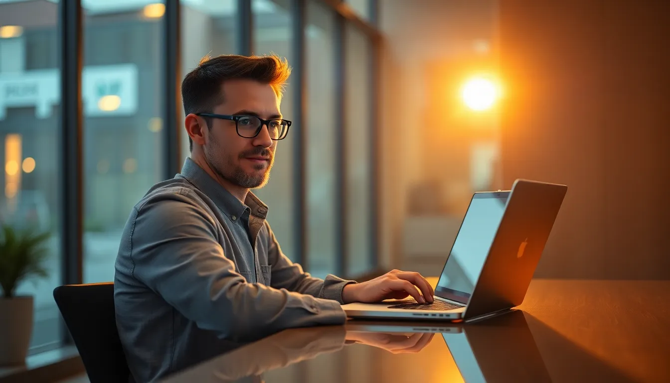 Focused Office Worker in Golden Hour Light