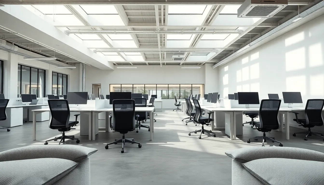 This striking image depicts a bright and airy open office space designed for collaboration and productivity. Bathed in natural daylight pouring through large ceiling windows, the minimalist decor creates an inviting setting. With stylish workstations organized symmetrically, the image highlights the functionality and modern appeal of the workspace. Smooth concrete floors contrast with soft furnishings, enhancing the overall comfort of the environment.