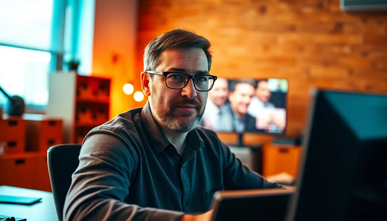 This striking image illustrates a male entrepreneur deeply engaged in a videoconference call. The dramatic lighting highlights his focused expression, while the modern office setup is elegantly blurred in the background. The teal and orange tones create a cinematic vibe, adding depth to the scene. The composition draws the viewer’s eye to the subject, reinforcing the theme of professionalism and modern business communication.