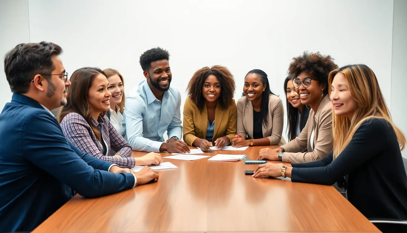 This image depicts a diverse group of professionals engaged in a vibrant brainstorming session around a large conference table. The soft, overcast lighting creates an even illumination that showcases their expressions of enthusiasm and collaboration. The colorful clothing and polished wood of the table contribute to a lively yet professional atmosphere. This scene encapsulates the essence of teamwork and creativity in a modern office setting.