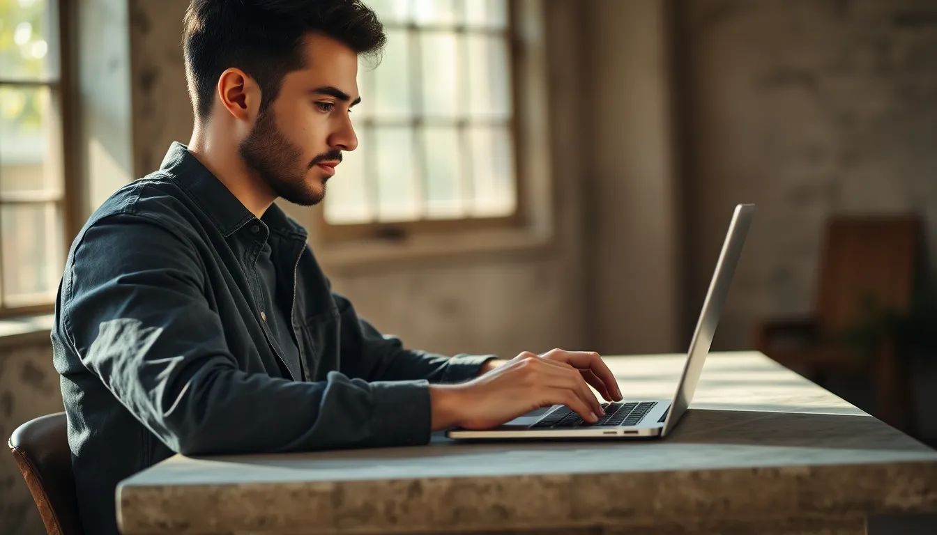 Man Working on Laptop at Concrete Desk A close-up shot of a male professional deeply engaged in typing on his laptop at a rustic concrete desk. Dappled sunlight creates captivating patterns on the desk, enhancing the tranquil atmosphere. The serene color palette of muted earth tones conveys focus and calm, while the subtle texture of the concrete contrasts with the sleek design of the laptop. This intimate perspective showcases the essence of modern office work.
