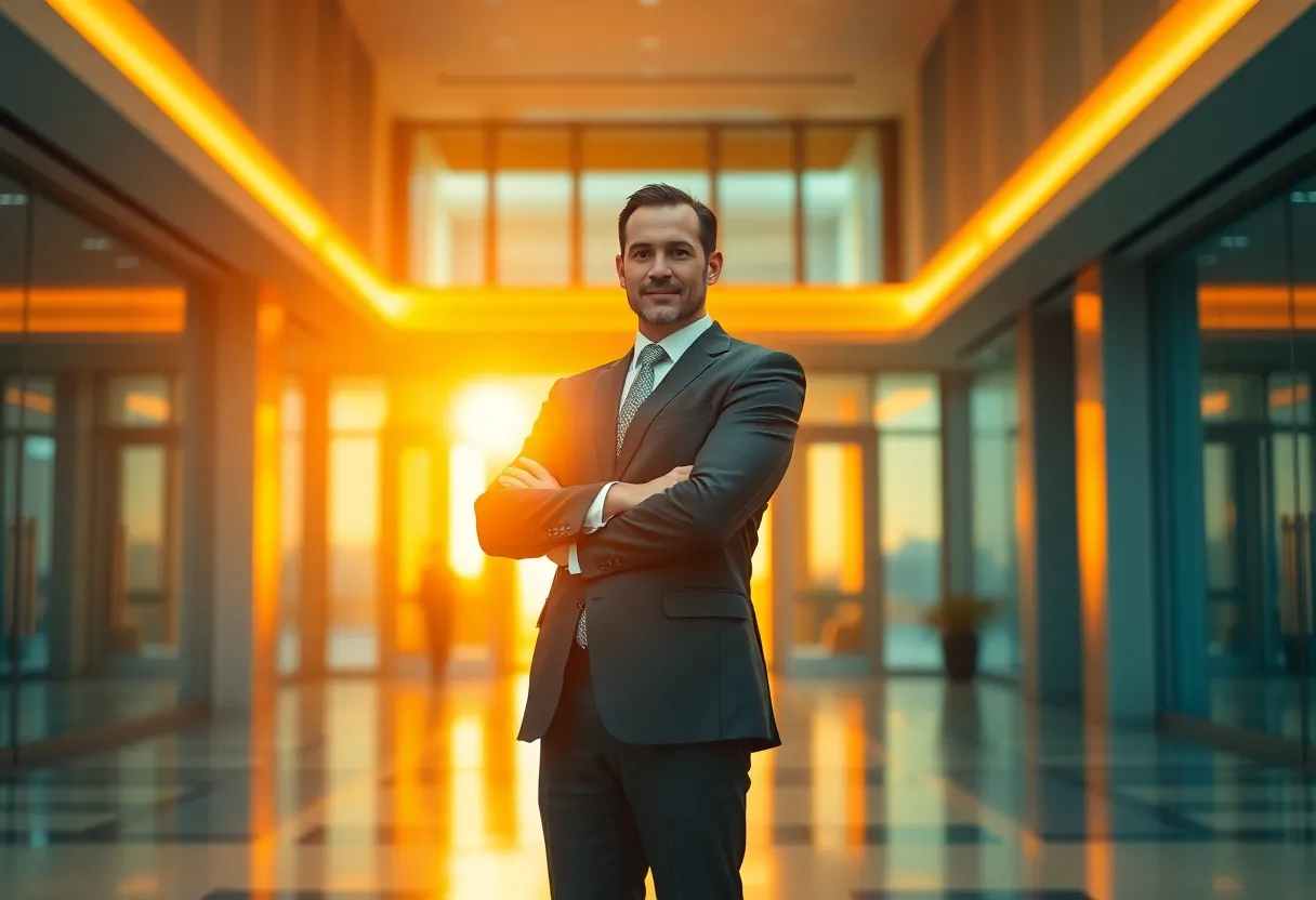 Confident Businessman in Modern Office Lobby