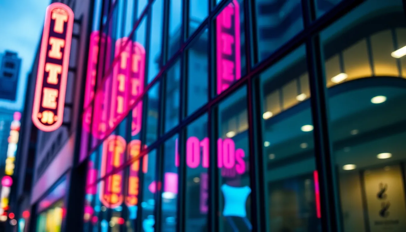 Urban Office Building with Neon Reflections