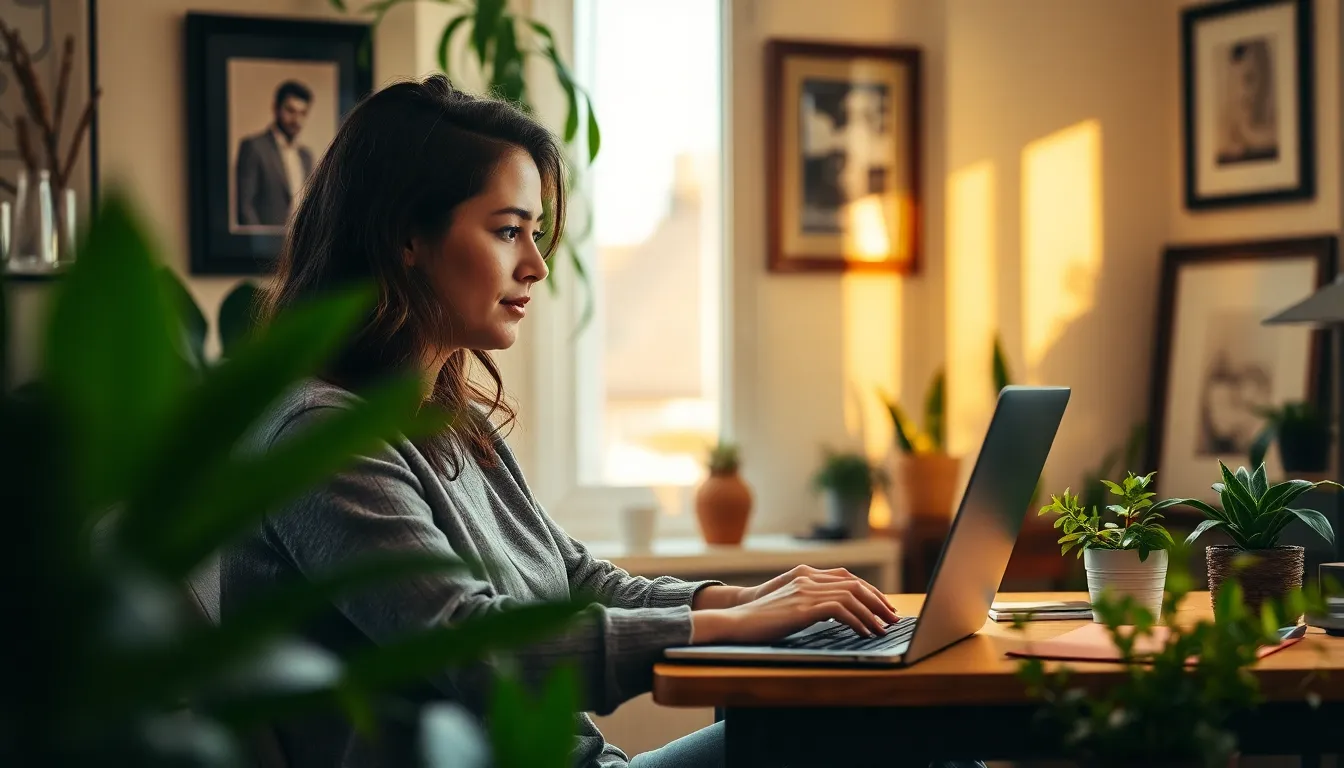 Focused Woman Working in Cozy Home Office