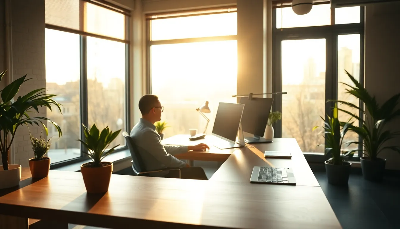 This photorealistic image showcases a professional employee working at a modern desk in an inviting office space. Bathed in warm afternoon light, the atmosphere feels productive yet relaxed. The subject, dressed in a crisp shirt, leans slightly toward the computer screen, embodying focus and determination. Green plants and a natural wood desk enhance the organic feel of the workspace, emphasizing a connection to nature in a corporate setting.