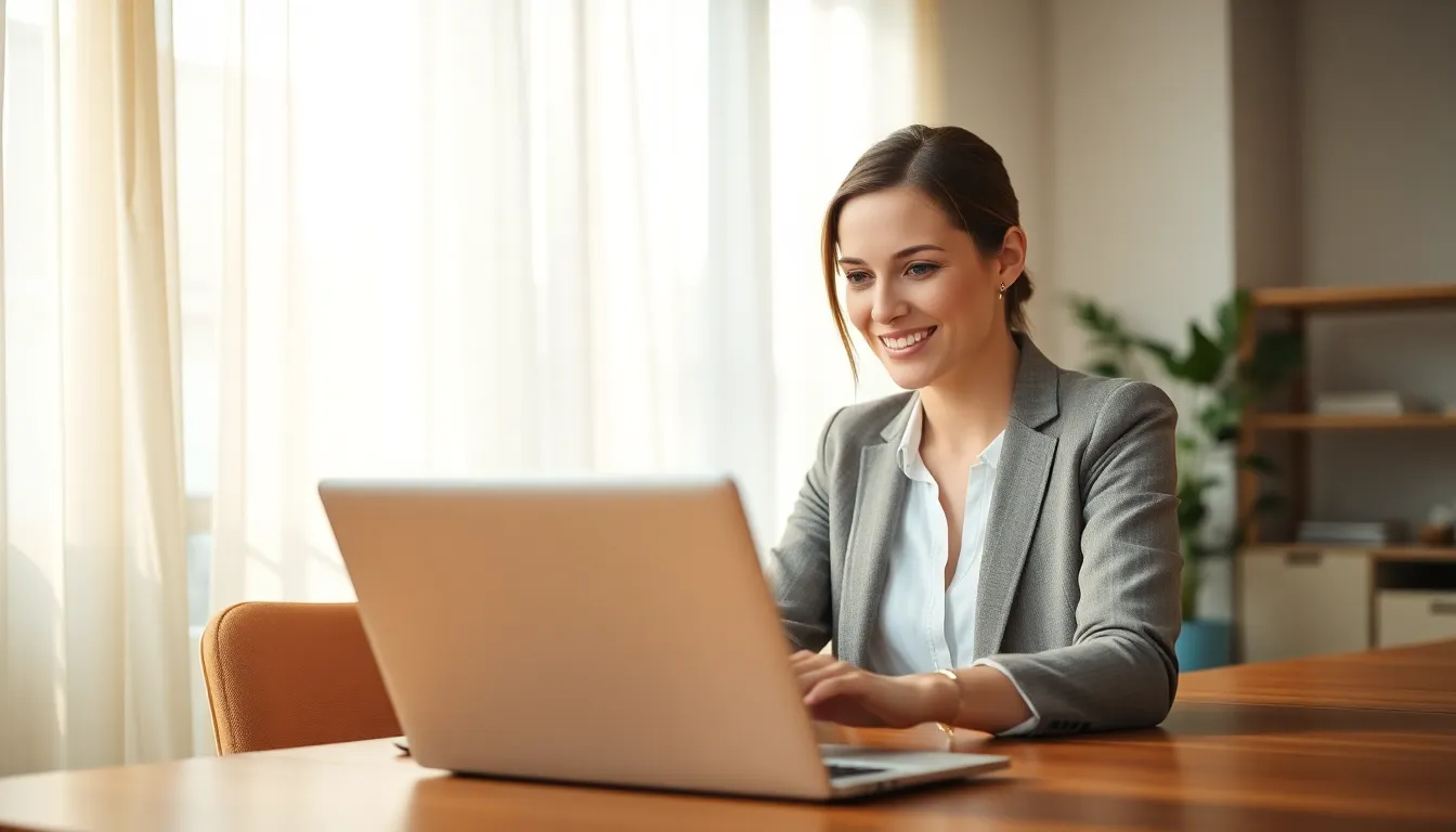 This image captures a businesswoman engaged in her work at a sunlit office space. She is seated at a wooden desk, looking thoughtfully at her laptop, radiating warmth and professionalism. The soft diffused light accentuates her features, while the contemporary decor adds an inviting touch. The overall atmosphere evokes a sense of productivity and calm, enhanced by the warm color tones and inviting textures.