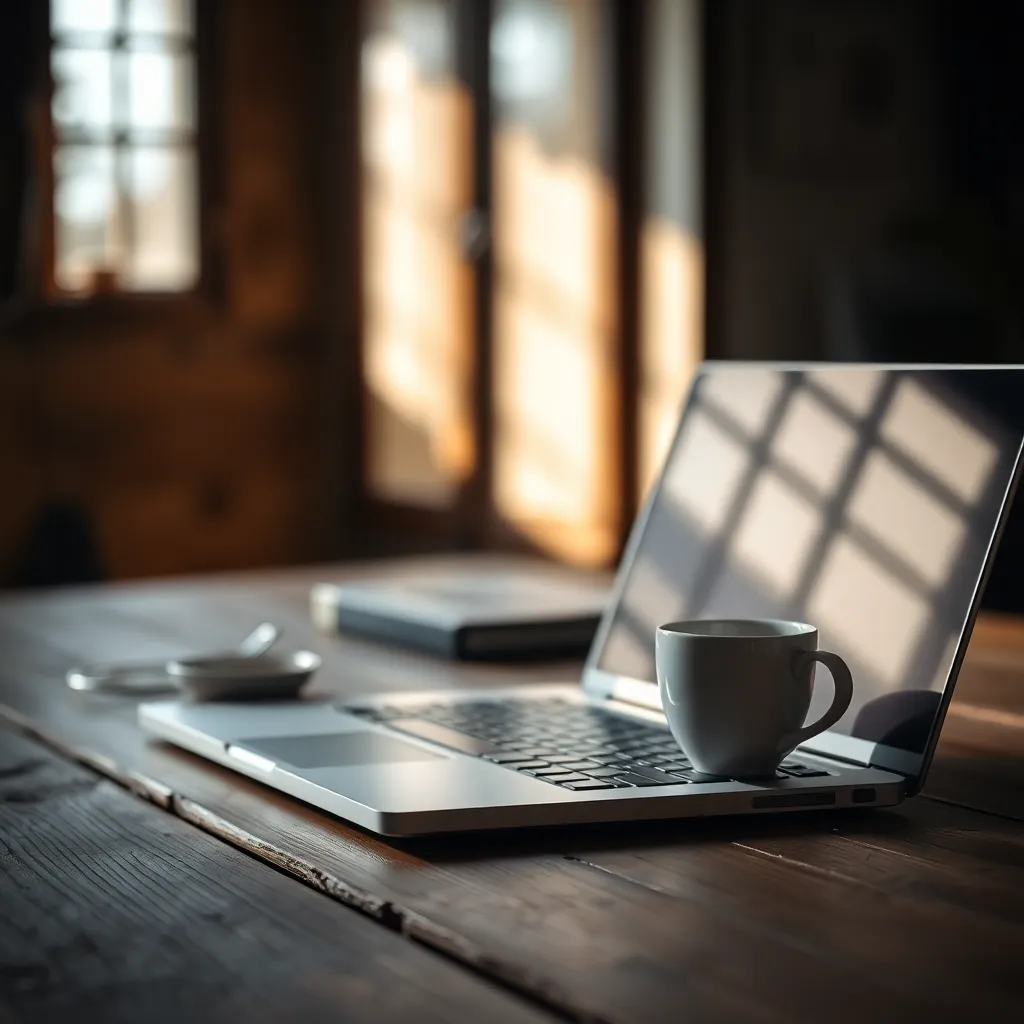 This intimate close-up photograph showcases a laptop resting on a rustic wooden desk, accompanied by a steaming cup of coffee. The soft morning light creates a warm and inviting atmosphere, enhancing the natural textures of the wood. The creamy white of the coffee contrasts beautifully with the deeper tones of the desk, while the shallow depth of field draws attention to the details of the keyboard. This image perfectly conveys the cozy yet professional vibe of a dedicated workspace.