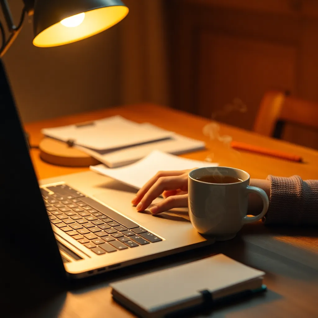 Cozy Evening Work Setup with Laptop and Tea