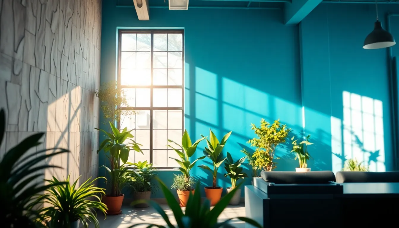 This vibrant image showcases an open office space filled with modern furniture and lively plants, illuminated by soft afternoon sunlight. The interplay of light and texture creates highlights on the walls, while the saturated colors evoke a sense of creativity and energy. The expansive view gives a balanced composition of the inviting workspace, making it an ideal setting for productive meetings and brainstorming sessions.