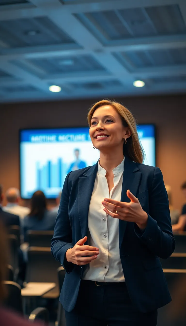 This dynamic image portrays a confident woman dressed in a professional suit, passionately presenting in a corporate training room. Spotlighted by focused lighting, her expression conveys enthusiasm and engagement, drawing the audience into her presentation. The rich blues of the environment enhance the corporate theme, while the blurred audience in the background maintains focus on the speaker. This image is ideal for showcasing leadership, training, and professional development.
