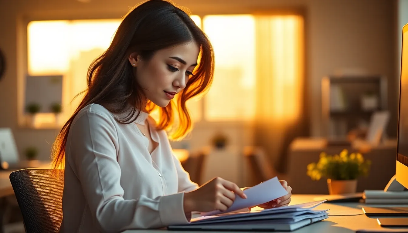 This captivating image shows a female intern attentively preparing documents at her desk during golden hour. The warm backlighting envelops her, creating an inviting and focused mood. Her expression of concentration highlights the dedication of a new professional in a busy office. The selective focus draws attention to her hands and the piles of documents, framed beautifully against a softly blurred background, symbolizing a moment of growth and productivity.