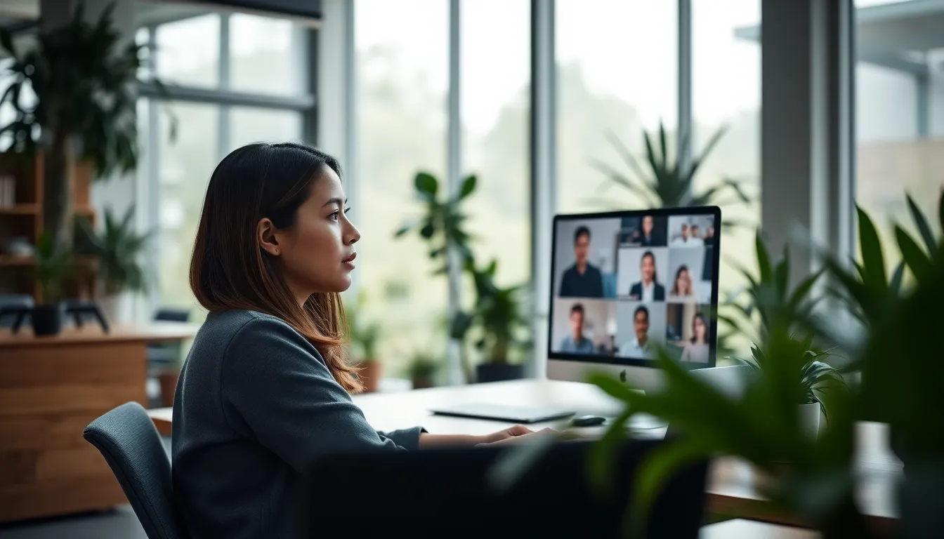 Young Woman in Modern Office During Video Conference