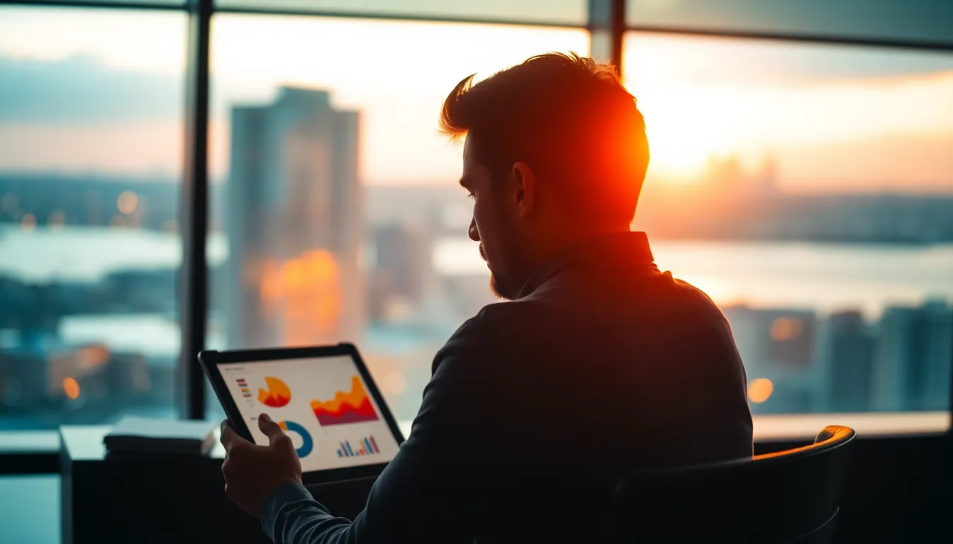 In this dynamic image, a professional sits at a desk reviewing vibrant charts and data on a tablet as the golden hour light streams in through the window. The warm rim light creates an inviting glow on their face, showcasing rich color contrast with the cinematic teal and orange grading. The city skyline serves as a stunning backdrop, heightening the sense of professionalism and ambition in this engaging workspace.