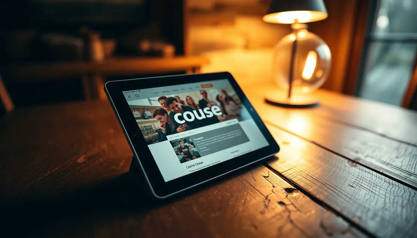 This image features a digital tablet displaying an online course, resting on a rustic wooden table. Warm tungsten lighting creates an inviting atmosphere, enhancing the rich texture of the wood. The warm color grading adds a homely feel, making it perfect for promoting online learning experiences.