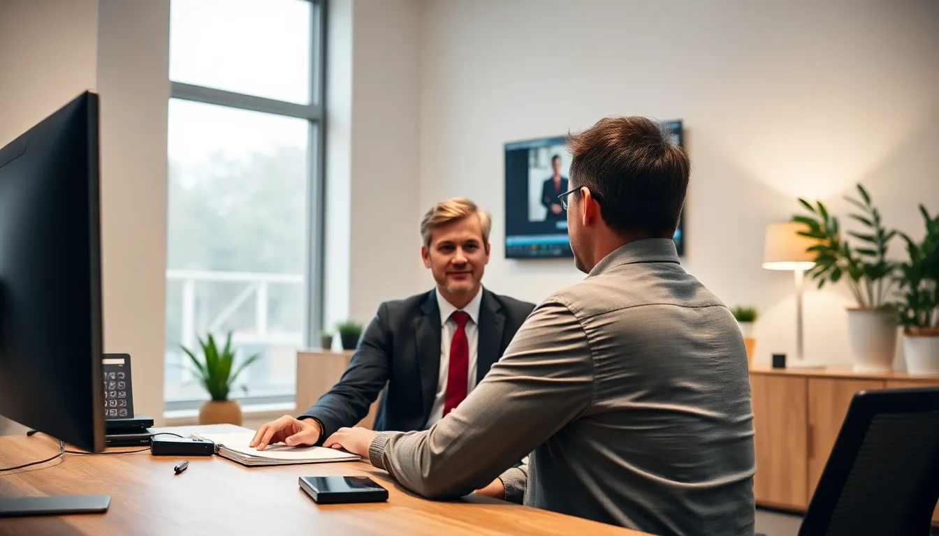 This image captures an instructor leading a webinar from a sleek, modern office, featuring soft overcast daylight. The muted color palette lends a professional tone, while the engaging composition draws the viewer's eye toward the instructor. The image highlights the environment's subtle details, creating a perfect representation of online learning facilitation.