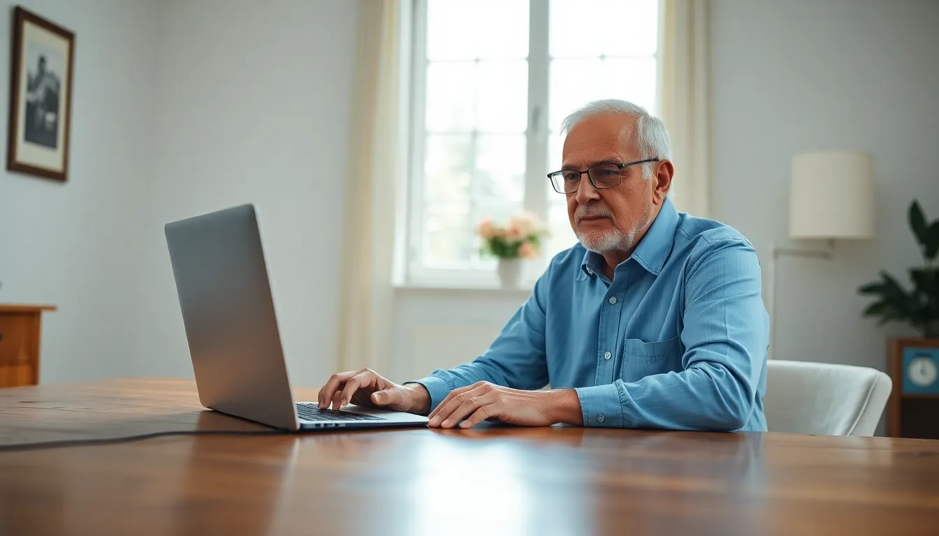 The image portrays an older man participating in a vibrant online video call, bathed in natural daylight. The soft blue and white color scheme enhances the professional setup, while the clarity showcases his focused expression. Elements like the polished wooden table add depth, making it an ideal representation of online learning for adults.