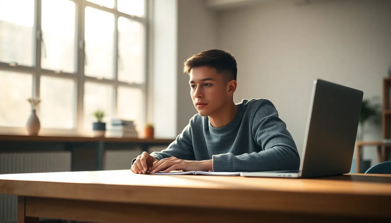 In a sunlit room, a student sits attentively at a wooden desk, immersed in an online learning session. The soft natural light filters in through generous windows, creating a warm and inviting environment. The image captures the essence of remote education, emphasizing the concentration and engagement of modern learners. The soft bokeh in the background ensures the student's focus remains the focal point.