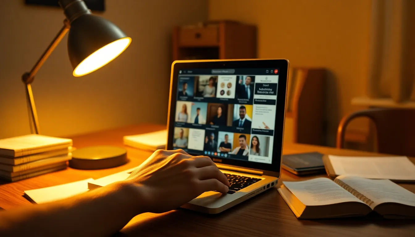 This image features a cozy online learning workspace, with a laptop, open notebooks, and a steaming cup of coffee creating an inviting atmosphere. Warm lighting from a desk lamp enhances the natural muted tones, while soft bokeh in the background adds depth. The scene captures a dedicated student engaged with their studies, reflecting the modern learning environment. Ideal for educational content, it conveys focus and tranquility.