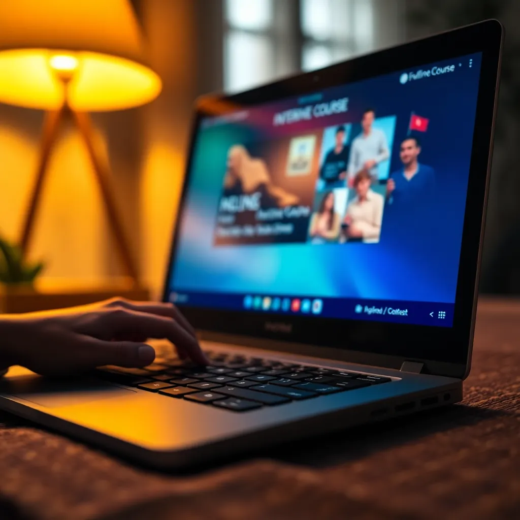 This image highlights the intimate connection of a student engaging with an interactive online course on their laptop. A close-up view of the laptop keyboard showcases fingers in motion, illuminated by the warm glow of a desk lamp, combined with natural light. The vibrant screen adds a pop of color amidst the rich, warm tones of the workspace. Textural details of the keyboard and desk surface create a cozy, inviting ambiance, representing the integration of technology into modern education.