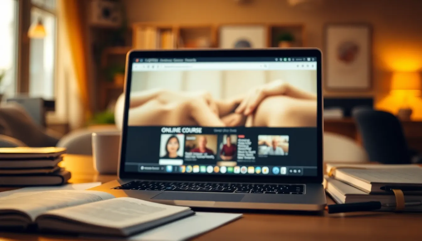 This close-up image beautifully captures the screen of a laptop displaying an engaging online course. Surrounding study materials are softly blurred, keeping the focus on the digital content. Warm tungsten lighting envelops the scene, creating a cozy and inviting atmosphere. The warm color palette enhances the comfort of learning from home, while the centered composition highlights the laptop as the focal point.