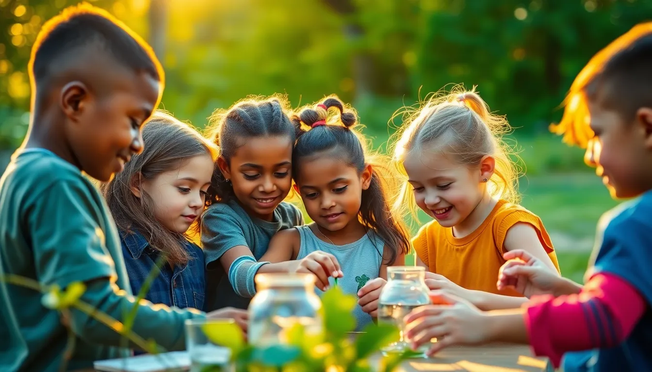 This vibrant image depicts a diverse group of children fully engaged in a hands-on science activity outdoors during golden hour. The warm backlighting wraps the subjects in a soft glow, enhancing the joyful expressions on their faces. Surrounded by nature, the scene is alive with color, showcasing lively greens and warm hues that complement the energy of learning. The dynamic composition draws the viewer's eye across the playful interaction, inviting an appreciation for the beauty of outdoor education.