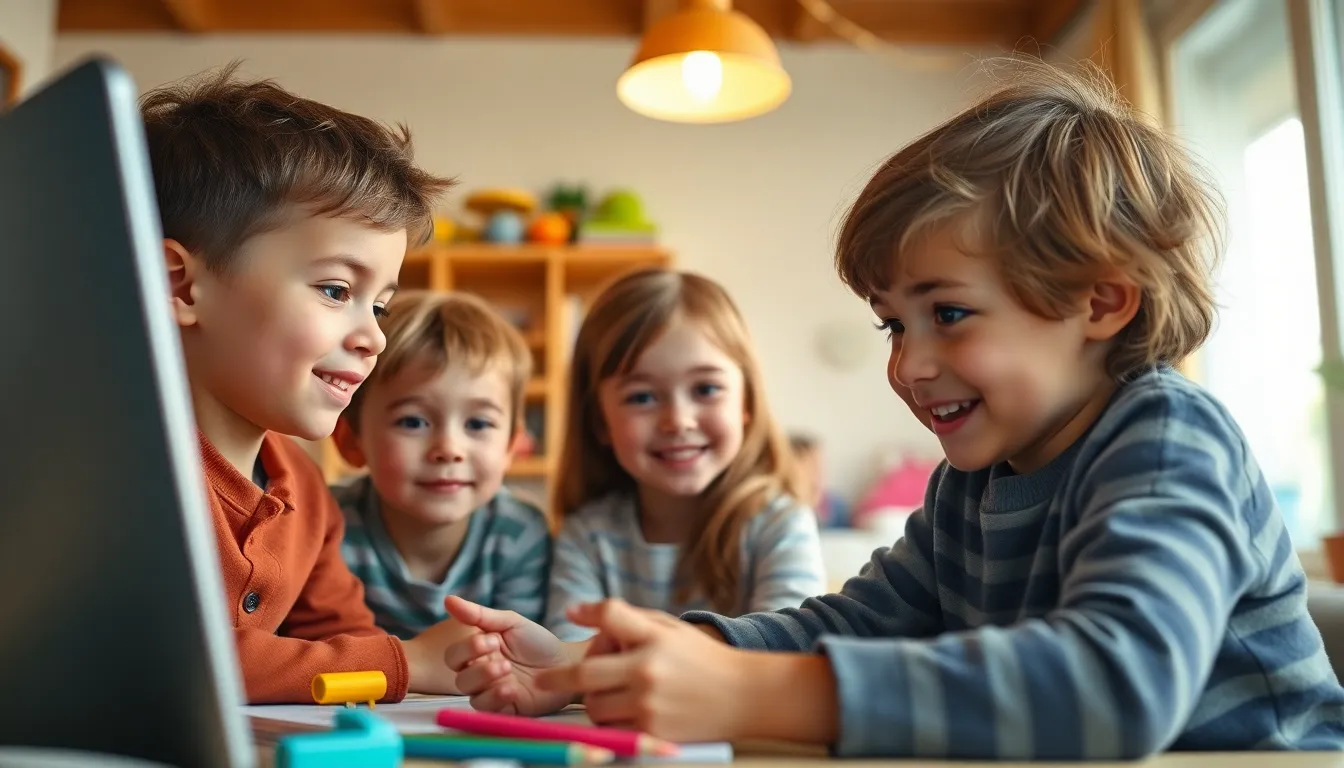 This lively image showcases children actively participating in an online class at home, highlighted by bright, cheerful lighting. Their expressions of curiosity and joy illustrate the engaging nature of online education. The vibrant color palette and playful background elements enrich the scene, making it ideal for educational contexts.