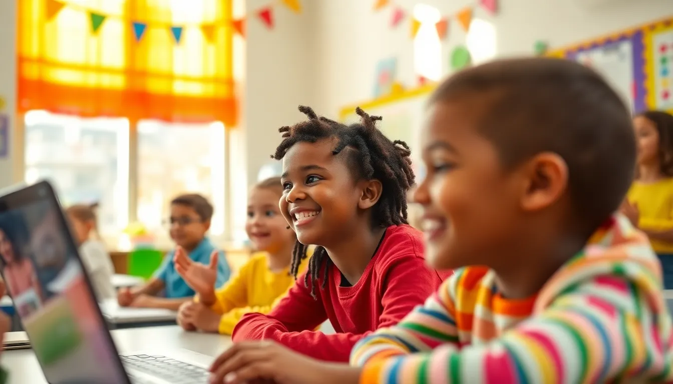 In a lively classroom, diverse children are captivated by an online learning session, showcasing a dynamic and inclusive learning environment. Bright natural light accentuates their engaged expressions, enhancing the joyful atmosphere. The room is filled with colorful decorations that stimulate creativity and curiosity among young learners. The angle of the shot communicates the energy of the space, making it feel alive and encouraging participation.