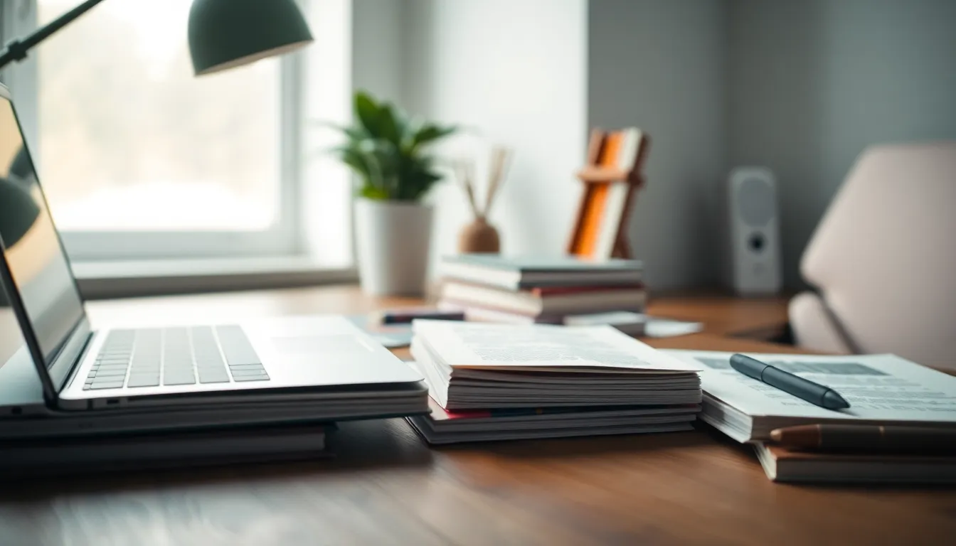 Organized Study Desk for Online Learning A beautifully arranged study desk showcases the essence of online learning, with a laptop, books, stationery, and a potted plant under soft overcast daylight. This top-down view highlights the textures and organization of materials, creating a serene and productive atmosphere. The natural muted tones contribute to a calm setting, while the attention to detail invites viewers to explore every element in this space. The clean lines and arrangement reflect an intentional approach to learning.