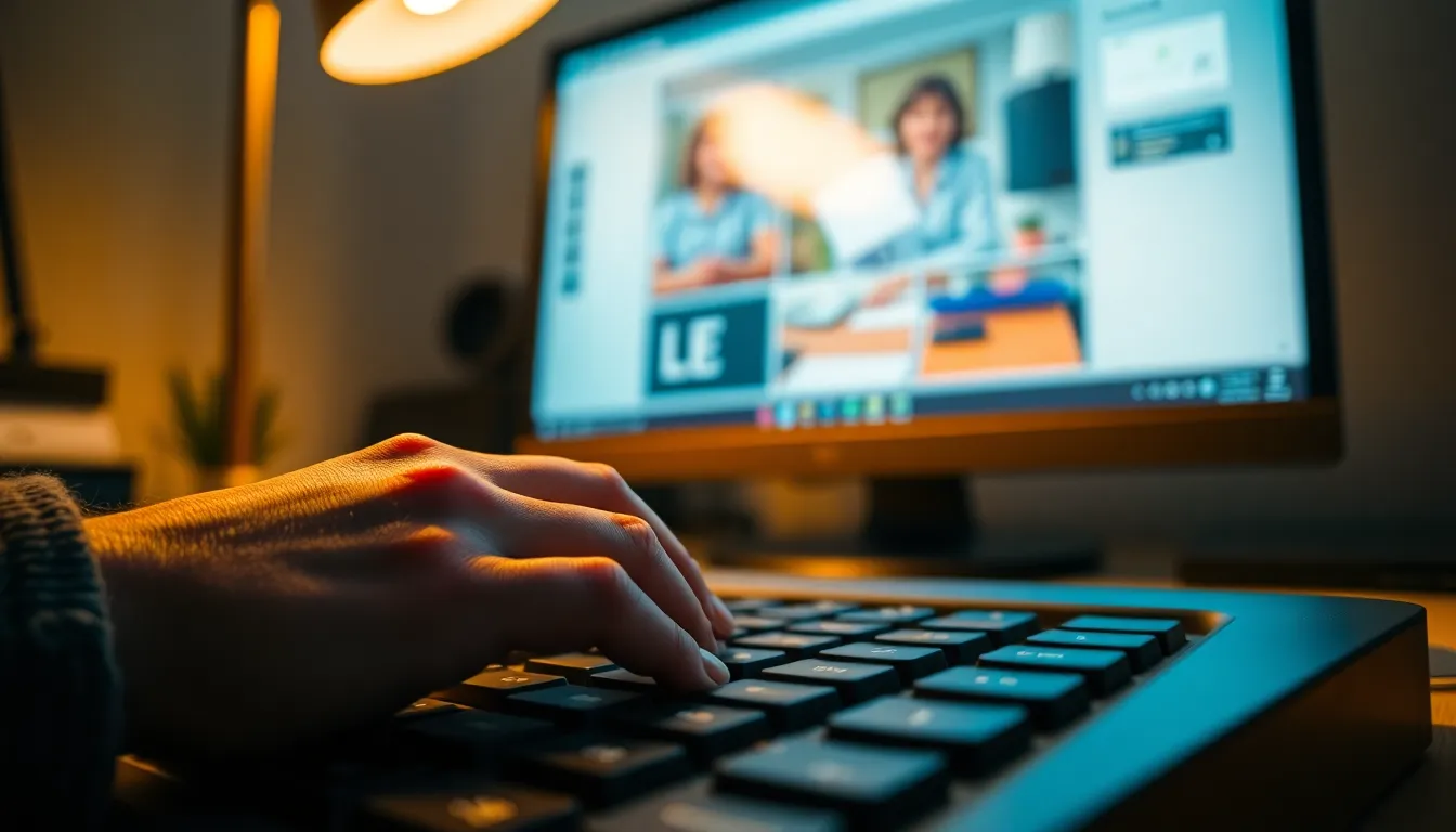 This close-up shot captures a hand actively typing on a computer keyboard, immersed in an online lesson playing in the background. Illuminated by a warm tungsten lamp, the scene conveys a cozy yet focused atmosphere. The selective focus emphasizes the hand's movement and the keyboard's texture, while a dramatic Dutch angle adds dynamic tension to the composition. The warm yellows of the lamp contrast beautifully with the cooler tones of the screen, creating an engaging visual experience.