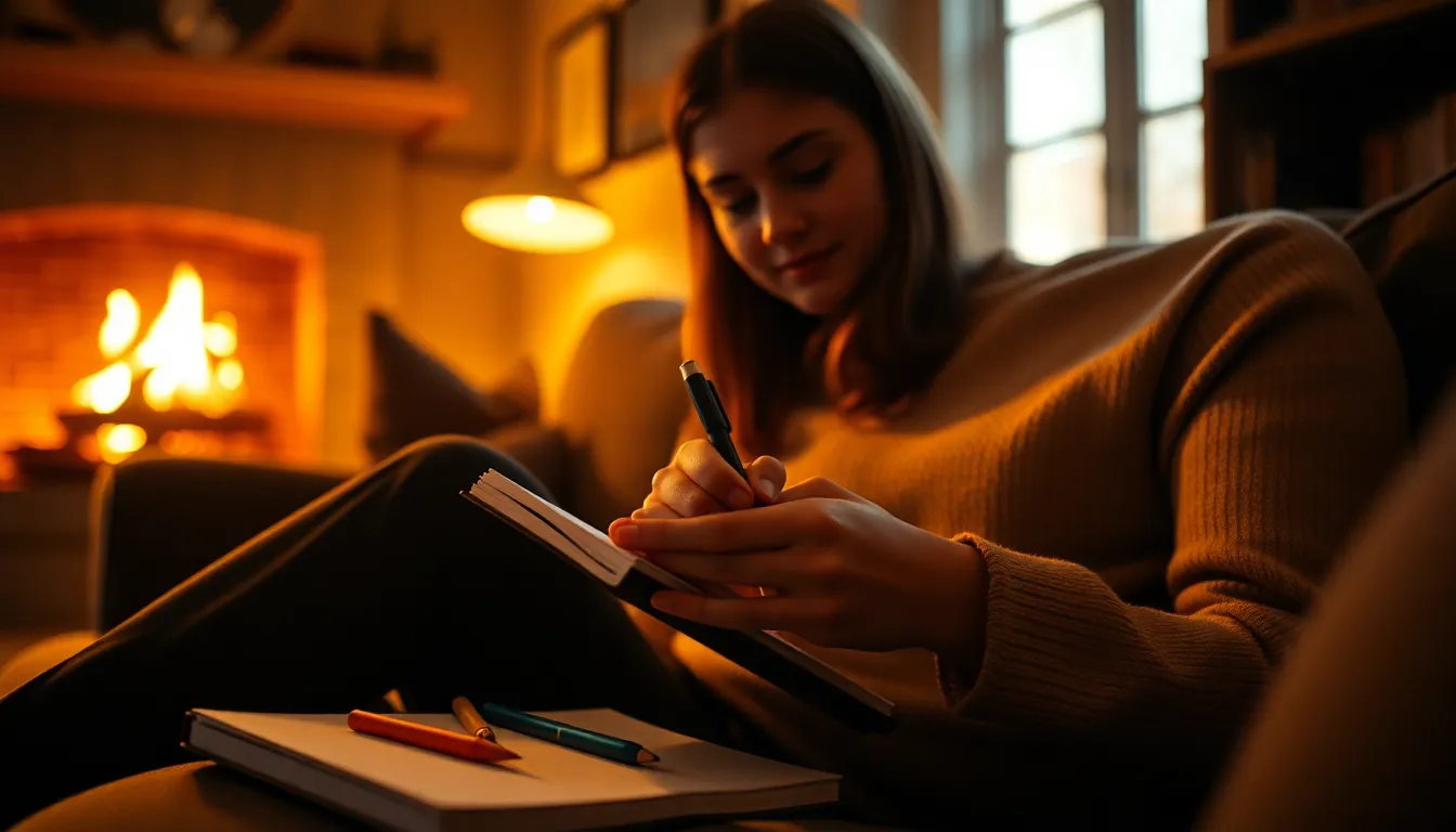 A cozy living room scene showcases a dedicated student immersed in her studies, illuminated by the warm glow of firelight. Close-up details reveal her focused hands taking notes, with a notebook and various pens scattered around. The inviting atmosphere, characterized by warm Kodak Portra tones, invites viewers into a moment of learning. The off-center composition adds an element of depth and interest to the image.